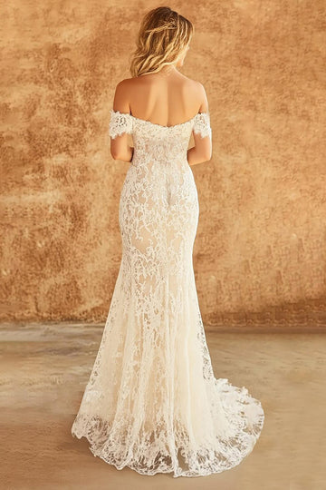 Off the Shoulder Sheath Lace Ivory Boho Wedding Dress